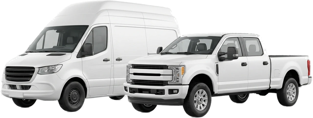 A high-roof cargo van and a crew-cab pickup, the kind of work vehicles we service on commercial accounts
