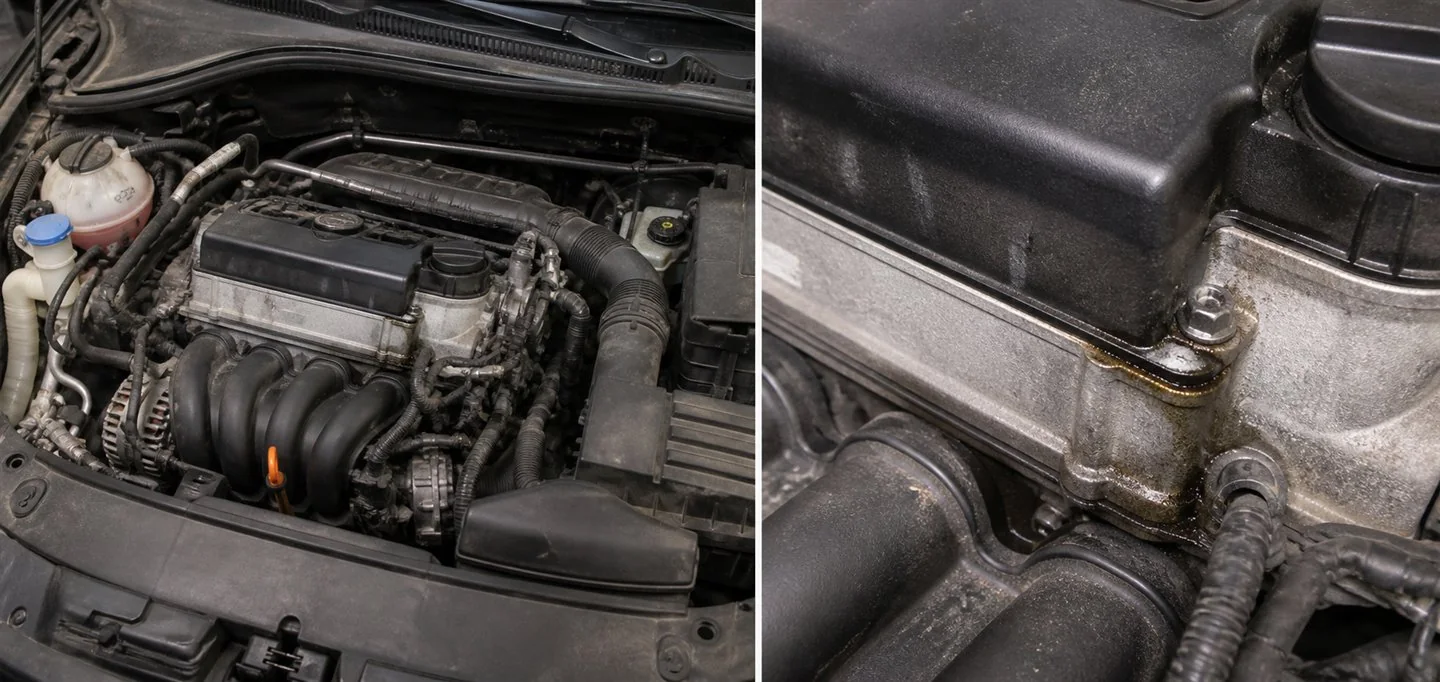 Synthetic wider engine-bay view with a circle identifying a fictional oil seep location.